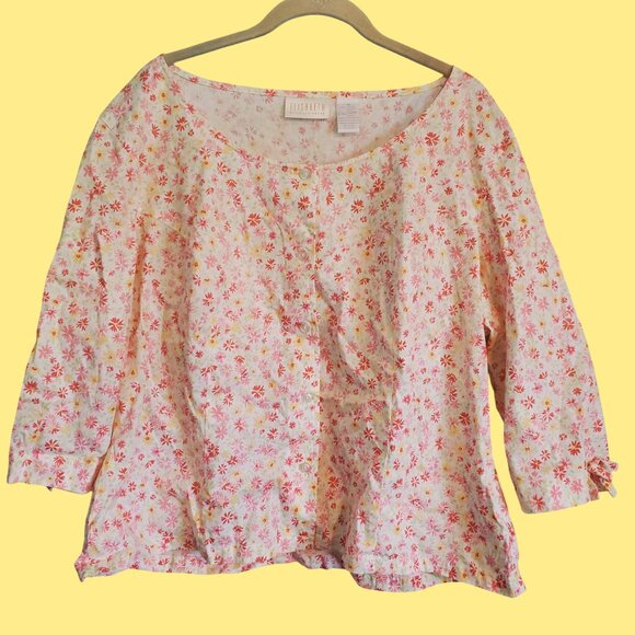 Vintage y2k Pink Yellow Green Floral Cotton Button Up Front Whimsical Blouse Top - Picture 1 of 8